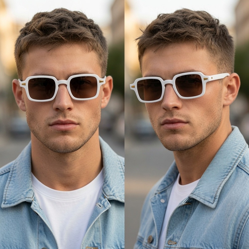 Mens‎ White Square Sunglasses Brown Gradient Lens UV400 Retro Geometric Shades